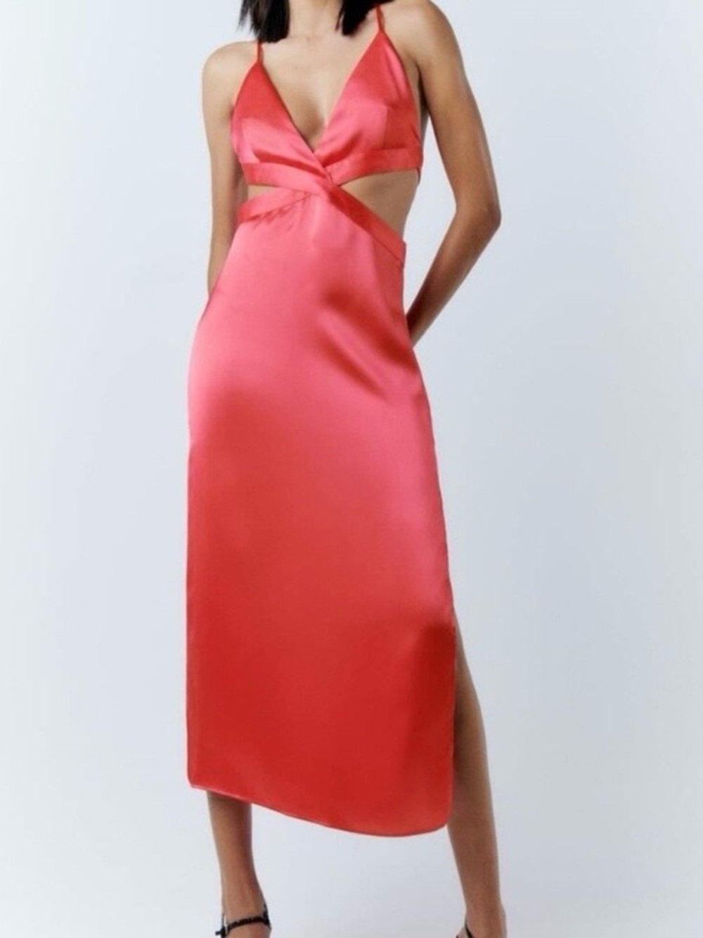 Zara Coral Satin Cutout Midi Dress